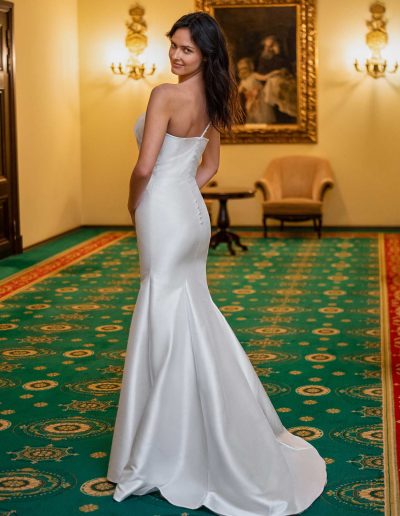 Chic one shoulder satin bridal gown by Papilio Boutique Toronto, perfect for a sleek wedding look.