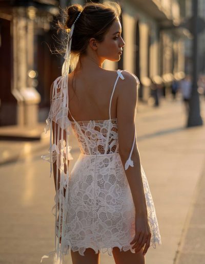 Detailed view of lace mini dress with form-fitting bodice and tulip skirt by Papilio Boutique Toronto bridal store.